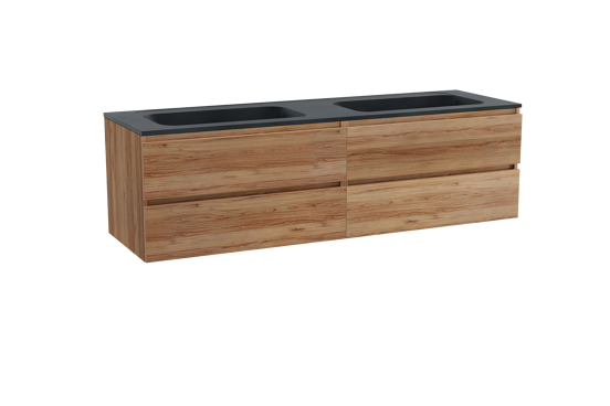 Balmani Lucida zwevend badkamermeubel 180 x 55 cm teak met Tablo Strada dubbele wastafel in composietmarmer mat zwart