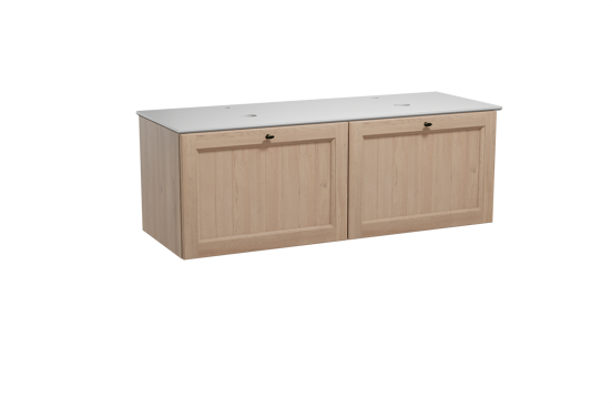 Balmani Lemon hängendes Möbelstück Set: 150 x 55 cm, Verwitterte Eiche, mit Facetta Doppel Waschtischplatte, Solid Surface Weiß matt