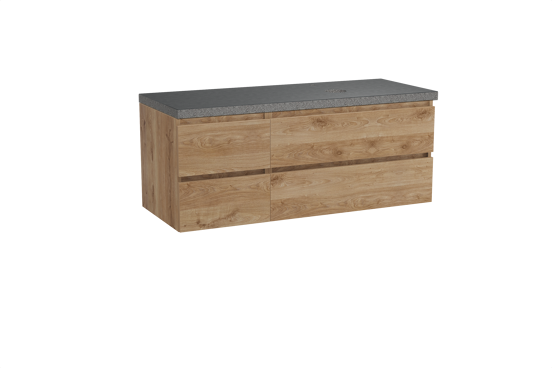 Balmani Lucida zwevend badkamermeubel 135 x 55 cm ruwe eik met Rock asymmetrisch rechtse wastafel in graniet zwart