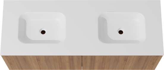 Balmani Eclips zwevend badkamermeubel 150 x 55 cm Teak met Tablo Arcato dubbele wastafel in Solid Surface mat wit