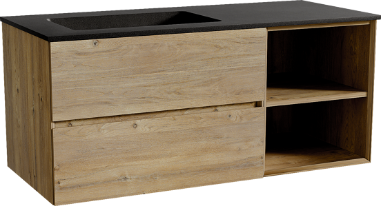 Storke Edge zwevend badmeubel 120 x 52 cm ruw eiken met Scuro asymmetrisch linkse wastafel in kwarts mat zwart
