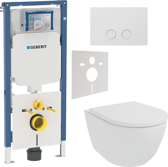 Luca Varess Moreno hangend toilet mat wit randloos SilentFlush met Geberit Systemfix UP720 Sigma inbouwreservoir en bedieningspaneel