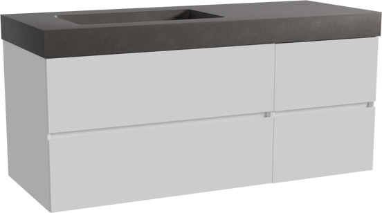 Storke Edge meuble salle de bains suspendu 130 x 52 cm blanc brillant avec Scuro High plan vasque asymétrique à gauche en quartz noir mat