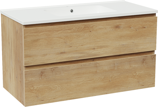 Linie Lado zwevend badkamermeubel 100 x 46 cm natuur eik met Vano enkele wastafel in composietmarmer glanzend wit