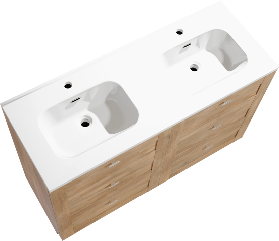 Linie Classo meuble salle de bains à poser 120 x 46 cm chêne naturel avec Baro double vasque en porcelaine blanc brillant