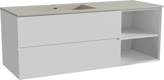 Storke Edge meuble salle de bains suspendu 140 x 52 cm blanc mat avec Diva vasque asymétrique gauche en top solid soie grise