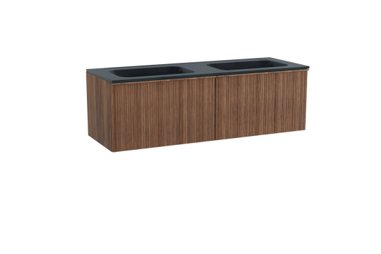Balmani Forma hängendes Möbelstück Set: 150 x 55 cm, Amerikanischer Nussbaum, mit Tablo Strada Doppelwaschtisch, Marmorkomposit, Schwarz matt, Vertikale asymmetrische Runde Rippe