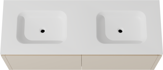 Balmani Eclips zwevend badkamermeubel 150 x 55 cm Sandbeige met Eclips dubbele wastafel in Solid Surface mat wit