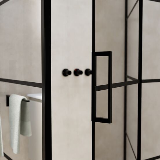 Balmani Senses Design douche en coin avec porte pivotante à droite et paroi latérale fixe, 140 x 90 cm, Lined, Profil noir, coating inclus