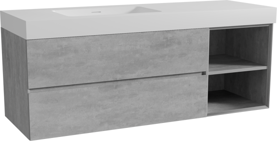 Storke Edge zwevend badmeubel 150 x 52 cm beton donkergrijs met Mata High asymmetrisch linkse wastafel in solid surface mat wit