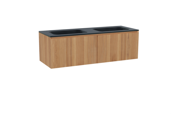 Balmani Idra hängendes Möbelstück Set: 150 x 55 cm, Teak, mit Tablo Strada Doppelwaschtisch, Marmorkomposit Schwarz matt