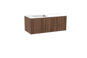 Balmani Fila meuble salle de bains suspendu 120 x 55 cm noyer avec Tablo Stretto plan vasque asymétrique à gauche en solid surface blanc mat, Nervure droite symétrique verticale