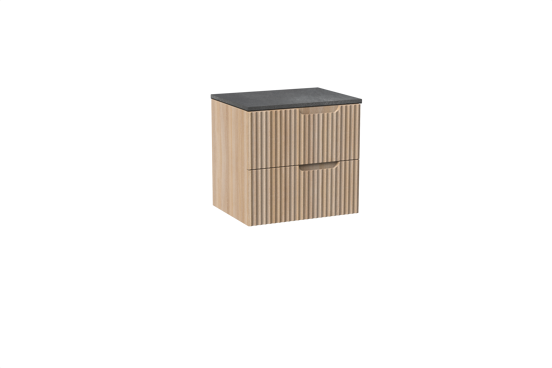 Linie Ribbo hängendes Möbelstück Set: 60 x 46 cm, Helle Eiche, mit Lado Einzel Waschtischplatte, Melamin, Schiefergrau, Vertikale symmetrische runde Rippe