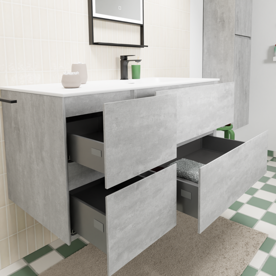 Storke Edge meuble salle de bains suspendu 110 x 52 cm béton gris foncé avec Mata plan vasque asymétrique à droite en solid surface blanc mat