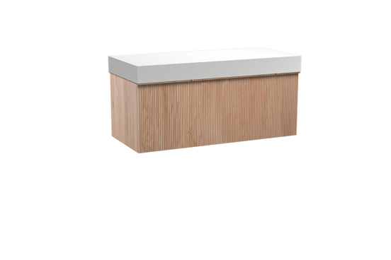 Balmani Forma hängendes Möbelstück Set: 120 x 55 cm, Naturbelassene Eiche, mit Dominus Einzel- oder Doppel Waschtischplatte, Solid Surface, Weiß matt, Vertikale symmetrische gerade Rippe