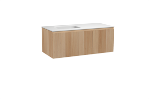 Balmani Idra zwevend badkamermeubel 120 x 55 cm natuur eik met Tablo Arcato asymmetrisch linkse wastafel in solid surface mat wit