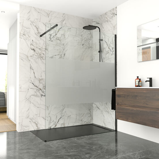 Balmani Modular inloopdouche 140 x 200 cm helder glas met matte strook mat zwart profiel