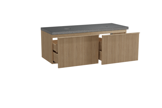 Balmani Forma hängendes Möbelstück Set: 135 x 55 cm, Naturbelassene Eiche, mit Rock Doppel Waschtischplatte, Granit, Schwarzes Granit, Vertikale symmetrische gerade Rippe