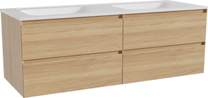 Balmani Mitra hängendes Möbelstück Set: 150 x 55 cm, Naturbelassene Eiche, mit Tablo Strada Doppelwaschtisch, Marmorkomposit Weiß glänzend