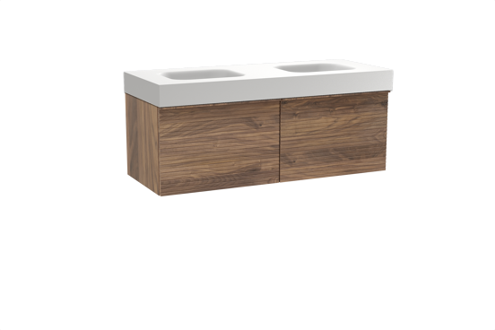 Balmani Forma hängendes Möbelstück Set: 135 x 55 cm, Amerikanischer Nussbaum, mit Arcato Doppelwaschtisch, Solid Surface, Weiß matt, Horizontale symmetrische gerade Rippe