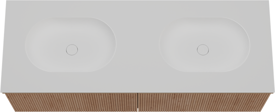 Balmani Forma zwevend badkamermeubel 150 x 55 cm natuur eik met Tablo Oval dubbele wastafel in solid surface mat wit, Verticale symmetrische rechte ribbel