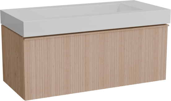 Balmani Forma zwevend badkamermeubel 120 x 55 cm natuur eik met Modus enkele wastafel voor 2 kraangaten in solid surface mat wit, Verticale asymmetrische ronde ribbel