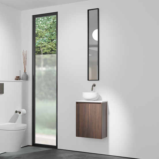 Balmani Mitra zwevend toiletmeubel 42 x 21 cm amerikaans notenhout met Facetta wastafelblad en Bowl waskom in matte Solid Surface