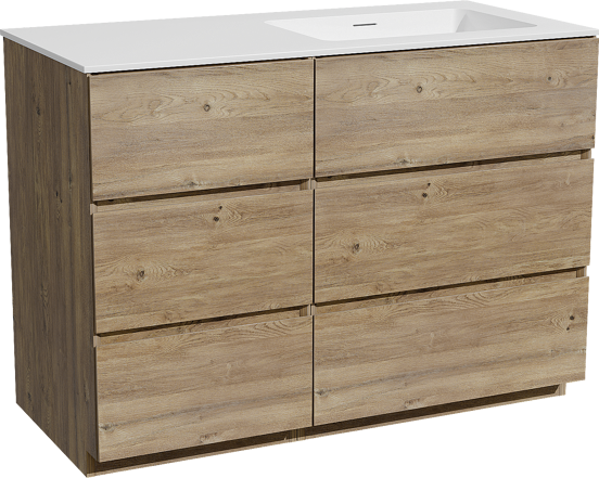 Storke Edge staand badmeubel 110 x 52 cm ruw eiken met Mata asymmetrisch rechtse wastafel in solid surface mat wit