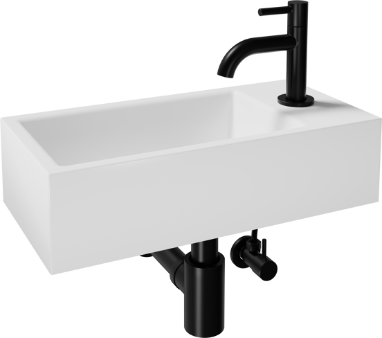 Luca Varess Cubic midi handenwasser glanzend wit Porselein 40x20cm inclusief zwarte kraan en toebehoren