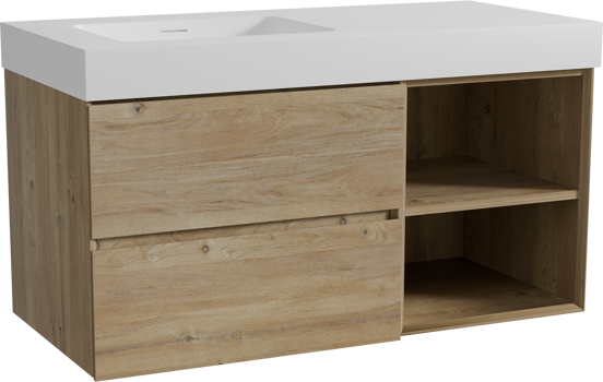 Storke Edge zwevend badmeubel 110 x 52 cm ruw eiken met Mata High asymmetrisch linkse wastafel in solid surface mat wit