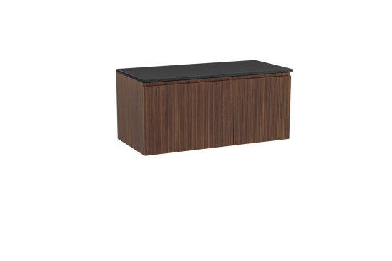Storke Ribs zwevend badmeubel 110 x 52 cm notenhout met Panton enkel wastafelblad in gepoedercoate mdf mat zwart, Verticale symmetrische rechte ribbel