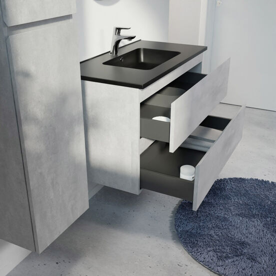 Linie Lado meuble salle de bains suspendu 90 x 46 cm béton gris foncé avec Vano plan simple en marbre composite noir mat