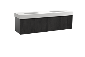 Balmani Forma zwevend badkamermeubel 180 x 55 cm zwarte eik met Arcato dubbele wastafel in solid surface mat wit, Verticale symmetrische rechte ribbel