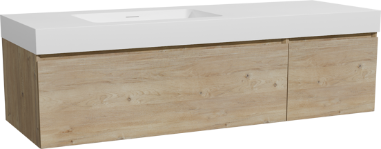 Storke Edge zwevend badkamermeubel 150 x 52 cm ruwe eik met Mata High asymmetrisch linkse wastafel in solid surface mat wit