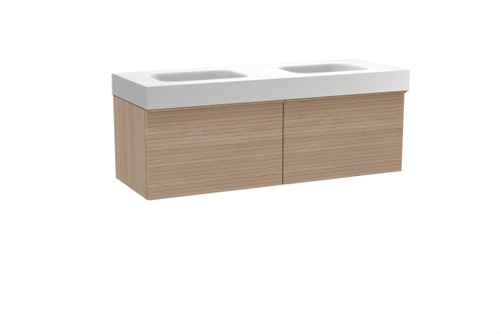 Balmani Forma zwevend badkamermeubel 150 x 55 cm natuur eik met Arcato dubbele wastafel in solid surface mat wit, Horizontale symmetrische rechte ribbel