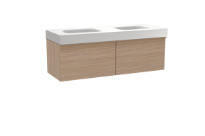 Balmani Forma hängendes Möbelstück Set: 150 x 55 cm, Naturbelassene Eiche, mit Arcato Doppelwaschtisch, Solid Surface, Weiß matt, Horizontale symmetrische gerade Rippe