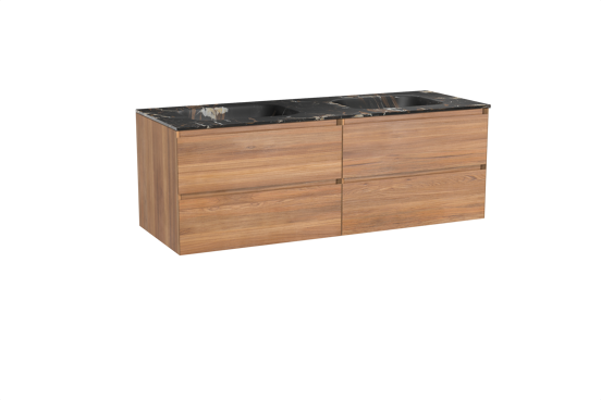 Balmani Mitra meuble salle de bains suspendu 150 x 55 cm teck avec Tablo Arcato double vasque en marbre portoro gold