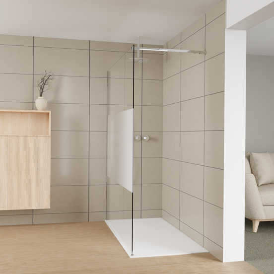 Balmani Modular douche à l'italienne: 160 x 200 cm, Verre transparent avec bande mate, Profil Chrome brillant