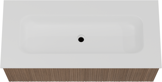 Balmani Forma zwevend badkamermeubel 120 x 55 cm amerikaanse notelaar met Tablo Arcato enkele wastafel voor 2 kraangaten in solid surface mat wit, Verticale asymmetrische ronde ribbel