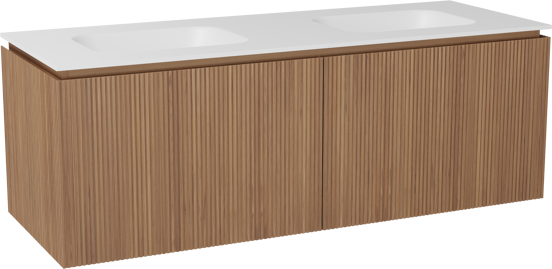 Balmani Eclips zwevend badkamermeubel 150 x 55 cm Teak met Tablo Arcato dubbele wastafel in Solid Surface mat wit, Verticale symmetrische rechte ribbel