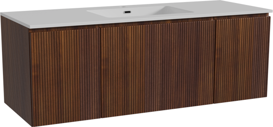 Storke Ribs zwevend badkamermeubel 135 x 52 cm notelaar met Diva enkele wastafel in composietmarmer glanzend wit, Verticale symmetrische rechte ribbel