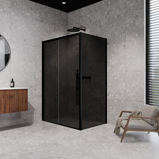Balmani Senses Design douchehoek met linkse schuifdeur en vaste zijwand, 140 x 90 cm, Rookglas, Mat zwart profielen