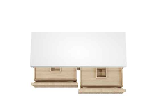 Balmani Forma hängendes Möbelstück Set: 150 x 55 cm, Naturbelassene Eiche, mit Dominus Einzel- oder Doppel Waschtischplatte, Solid Surface, Weiß matt, Vertikale asymmetrische Runde Rippe