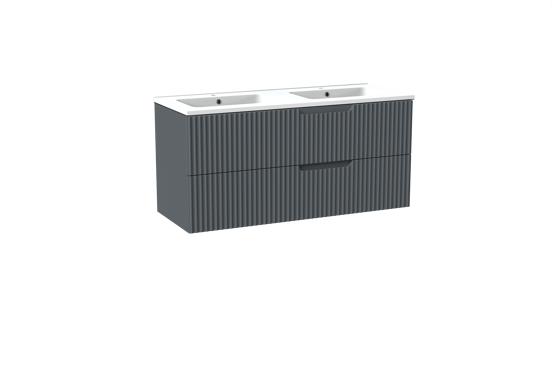 Linie Ribbo meuble salle de bains suspendu 120 x 46 cm bleu anthracite avec Vano double vasque en marbre composite blanc mat, Nervure circulaire symétrique verticale
