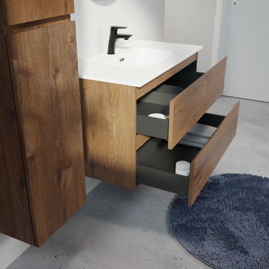 Linie Lado meuble salle de bains suspendu 90 x 46 cm chêne brun avec Baro plan simple en porcelaine blanc mat