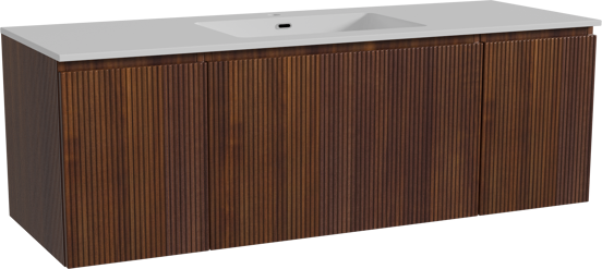 Storke Ribs zwevend badmeubel 145 x 52 cm notenhout met Diva enkele wastafel in composietmarmer hoogglans wit, Verticale symmetrische rechte ribbel
