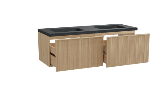 Balmani Forma zwevend badkamermeubel 150 x 55 cm natuur eik met Napoli dubbele wastafel in graniet zwart, Verticale asymmetrische ronde ribbel