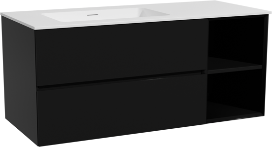 Storke Edge zwevend badmeubel 120 x 52 cm mat zwart met Mata asymmetrisch linkse wastafel in solid surface mat wit