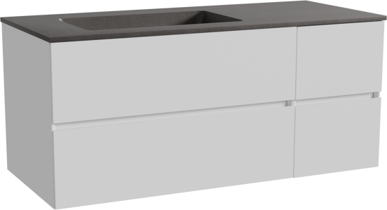 Storke Edge zwevend badmeubel 120 x 52 cm mat wit met Scuro asymmetrisch linkse wastafel in kwarts mat zwart