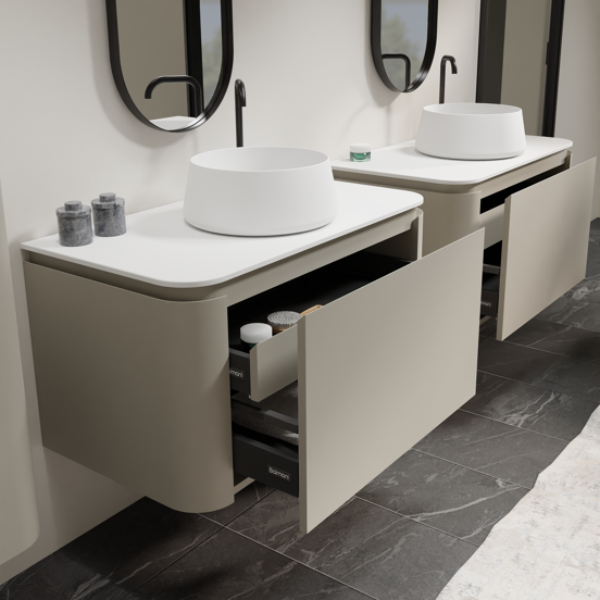 Balmani Moon meuble salle de bains suspendu 100 x 55 cm soie grise avec Moon tablette simple en solid surface blanc mat